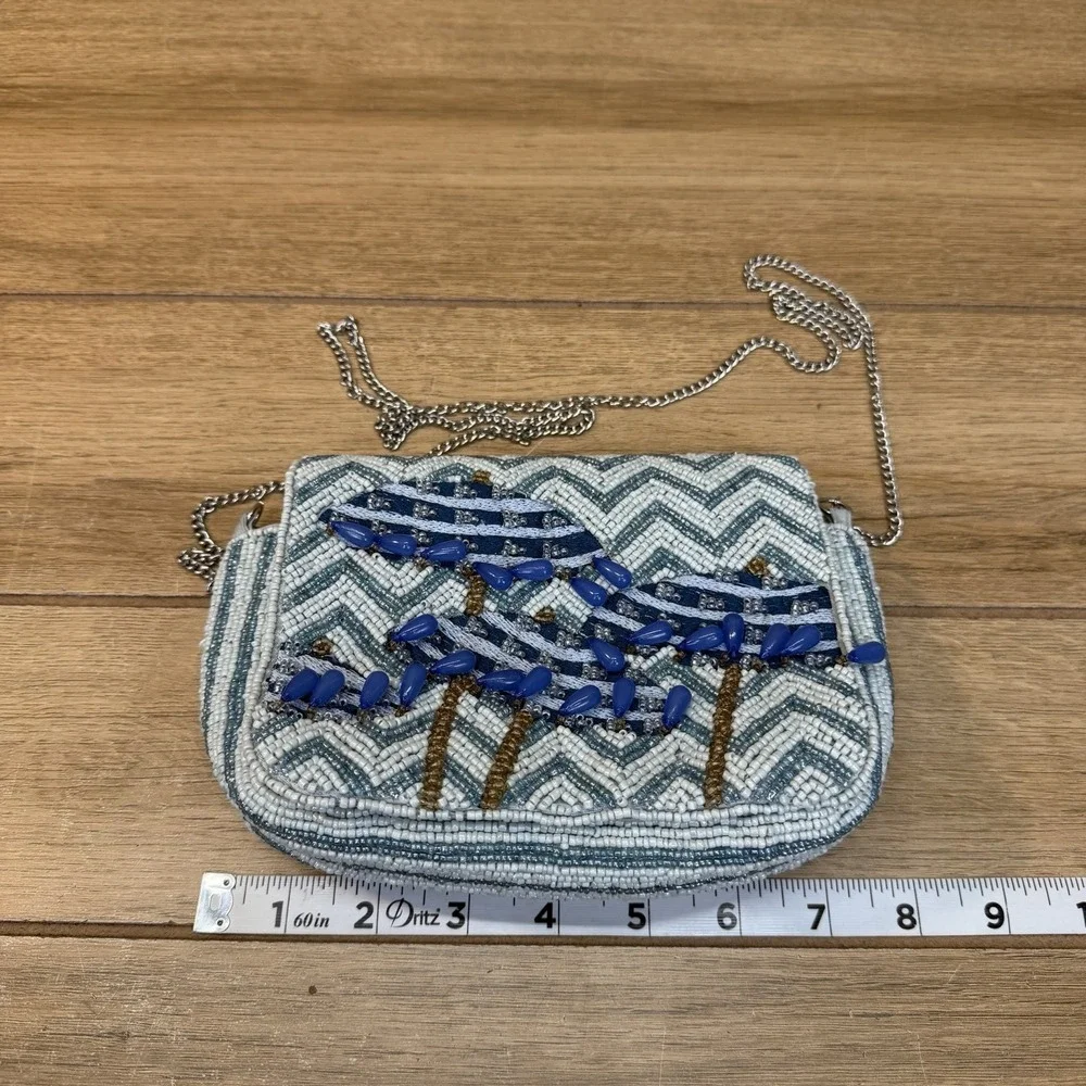 Viral Hand Beaded Beach Umbrella Shoulder Bag Chain Strap Blue Chevron Purse